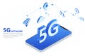 5G wireless network technology vector illustration, big letter 5G and smartphone isometric, mobile internet concept, digital servi